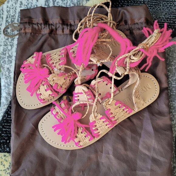 NWT Mystique Gladiator Cork Fuchsia Boho Chic Leather Footbed Wrap Sandals - Picture 4 of 8